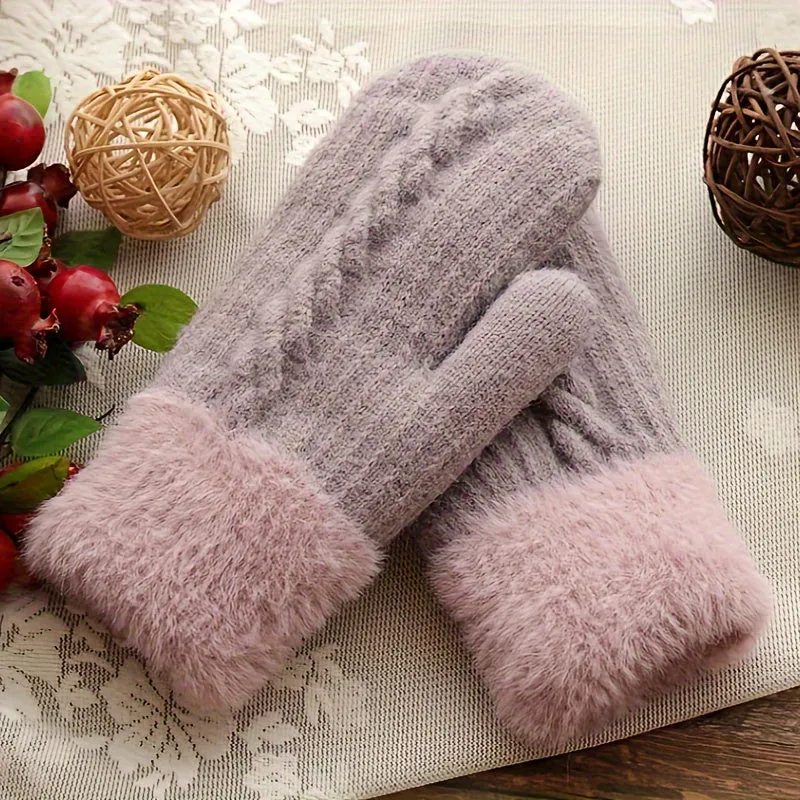 Women Fashion Knit Twist Flowers Mittens, Winter Plus Velvet Thickening Warm Full Finger Gloves