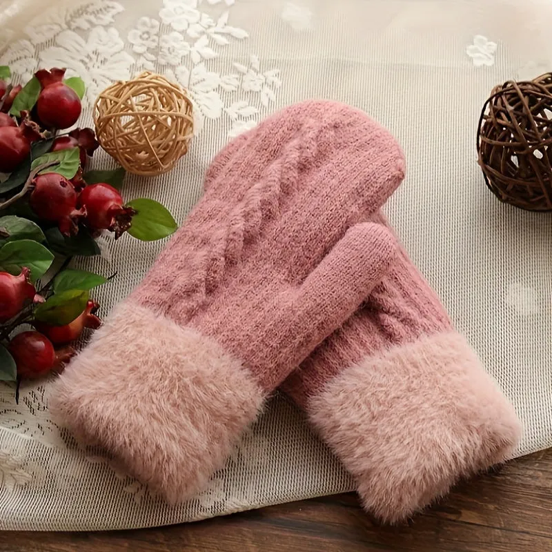 Women Fashion Knit Twist Flowers Mittens, Winter Plus Velvet Thickening Warm Full Finger Gloves