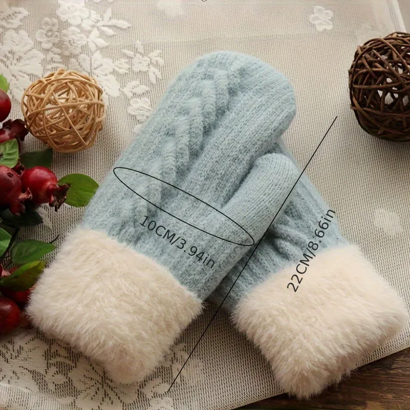 Women Fashion Knit Twist Flowers Mittens, Winter Plus Velvet Thickening Warm Full Finger Gloves