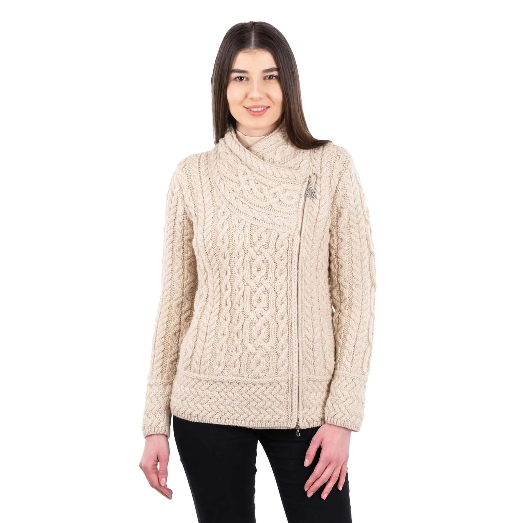 Women's Aran Knit Asymmetrical Zip Moto Coat, Parsnip