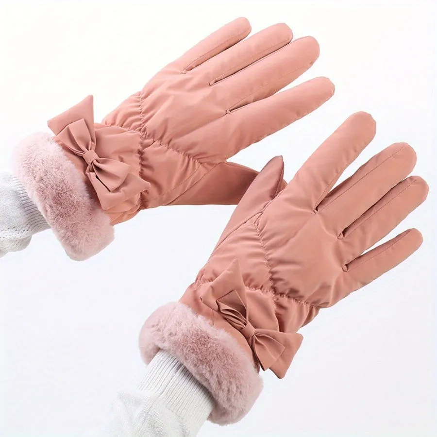 Women's Bow Decor Plush Winter Gloves, Windproof Thick Warm Gloves For Cycling Skiing Driving