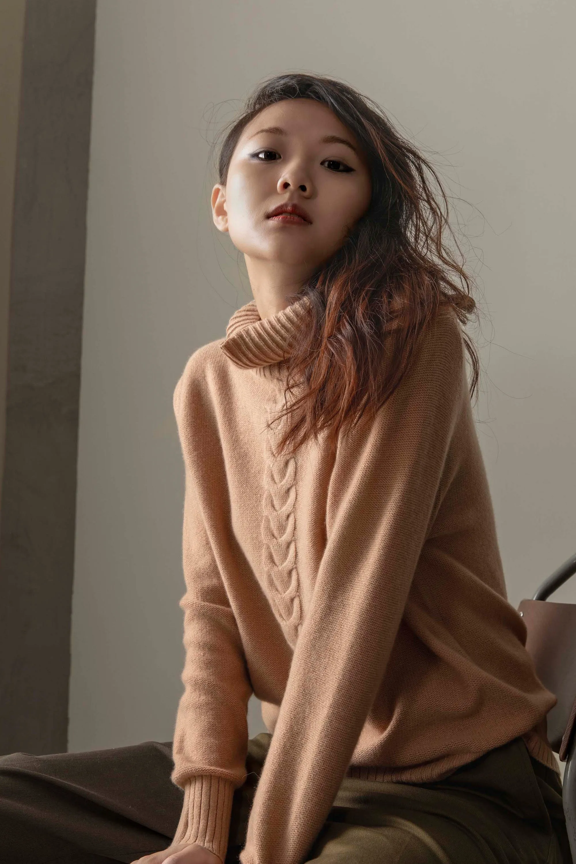 Women's Cable Knit Polo Neck Jumper - Camel