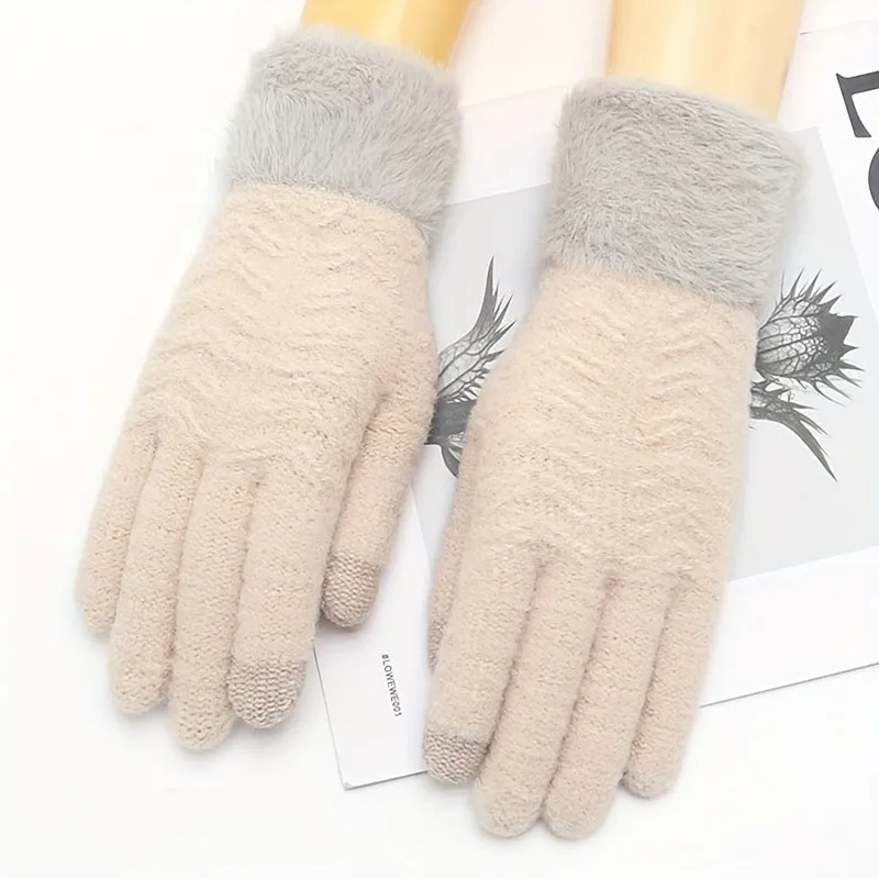 Women's Elegant Knitted Full Finger Gloves Polyester 100% Solid Color with Touch Screen Functionality, Keep Warm Elasticity Mature Style for Cold Weather - Non-Random Selection