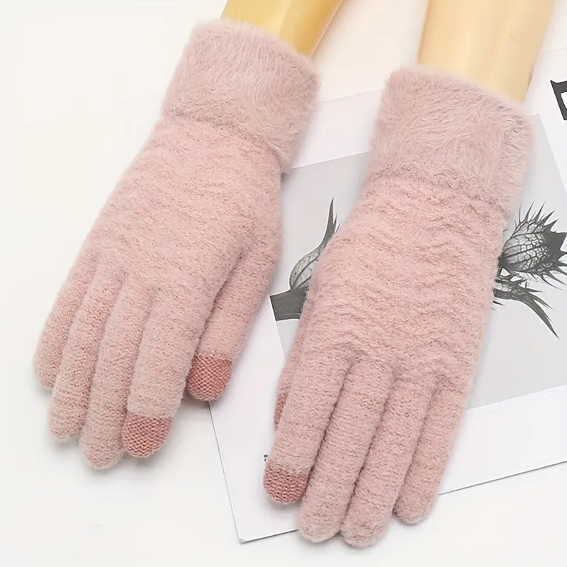 Women's Elegant Knitted Full Finger Gloves Polyester 100% Solid Color with Touch Screen Functionality, Keep Warm Elasticity Mature Style for Cold Weather - Non-Random Selection