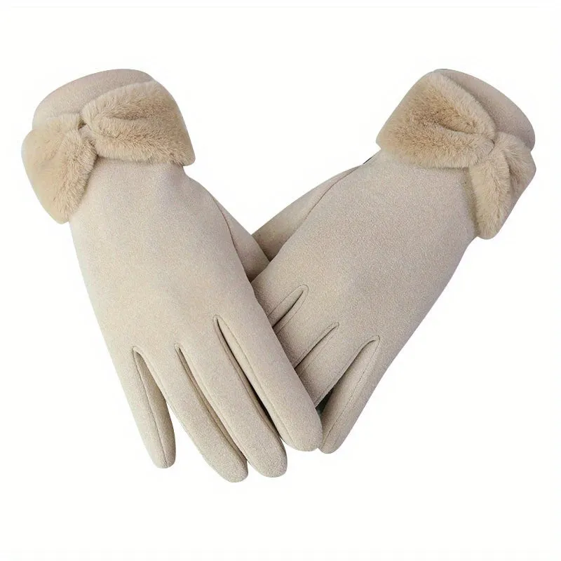 Women's Full Finger Winter Windproof Warm Gloves With Bow Decor For Outdoor Driving, Cycling