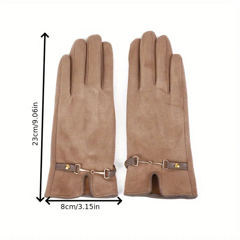 Women's Touchscreen-Compatible Suede Gloves With Chain Detail - Casual, Non-Stretch, Solid Color, Knit Design For Casual Attire