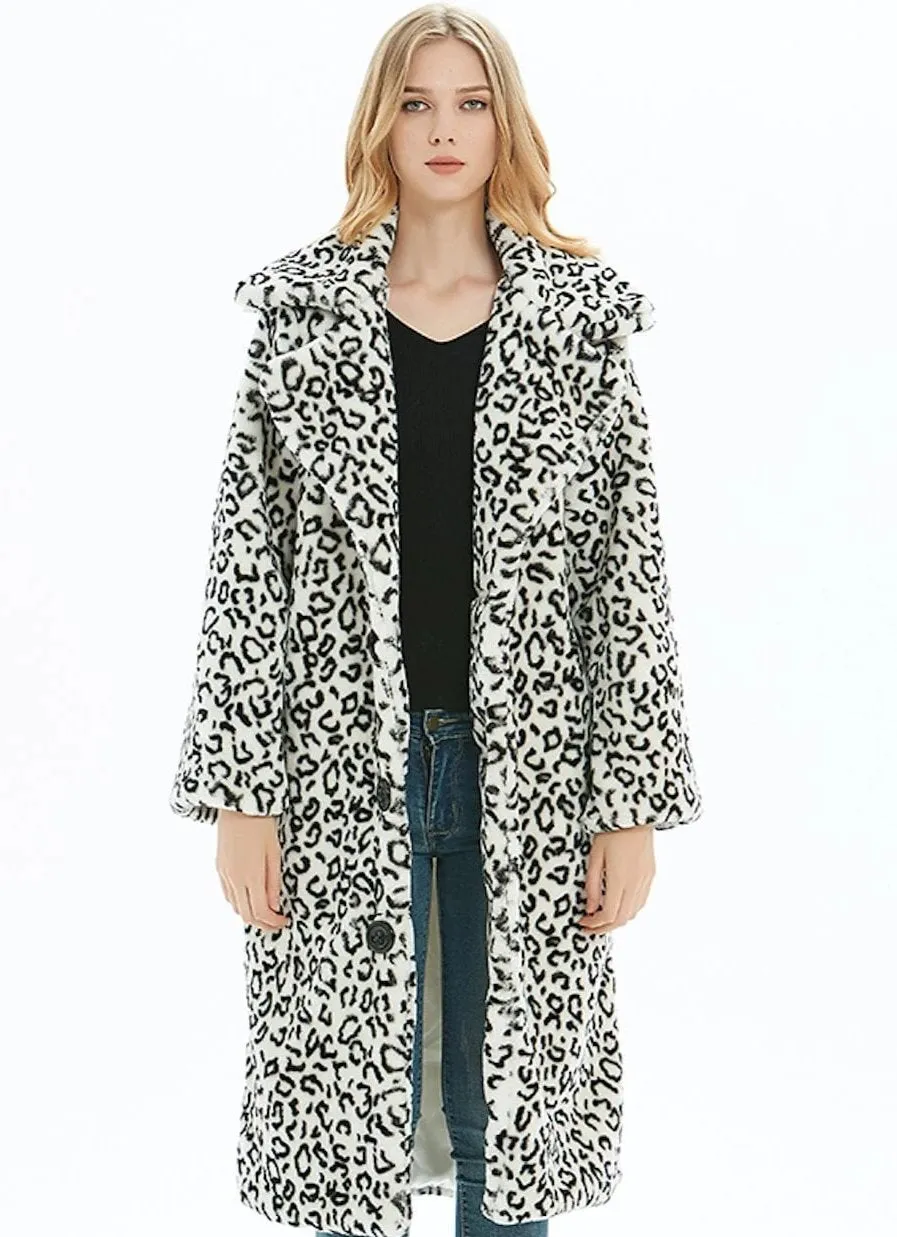 Womens White Leopard Print Long Coat