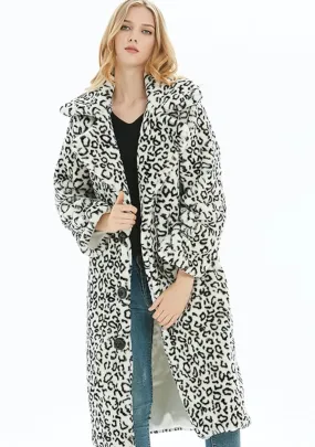 Womens White Leopard Print Long Coat