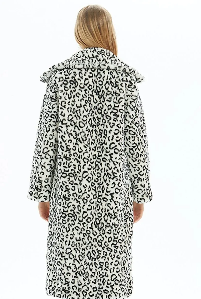 Womens White Leopard Print Long Coat