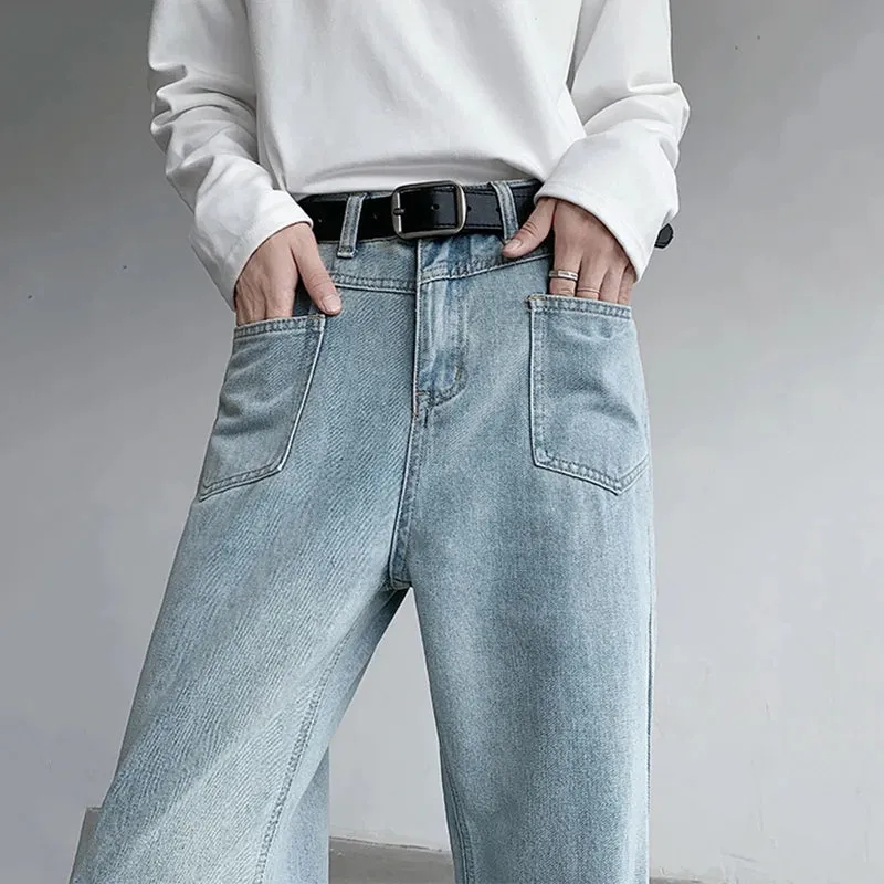 Worn-out Micro Flared Jeans Streetwear Male Loose Straight Denim Pants Wide Leg Simple Korean Casual Bottoms 9C7132