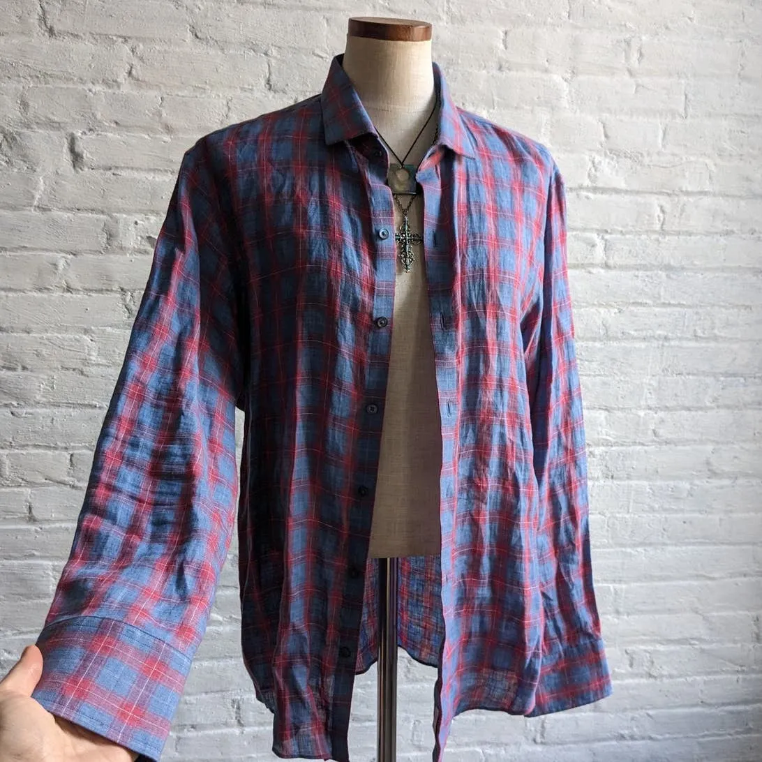 Zachary Prell Linen Plaid Button Down Grunge Red Blue Boyfriend Minimalist Top